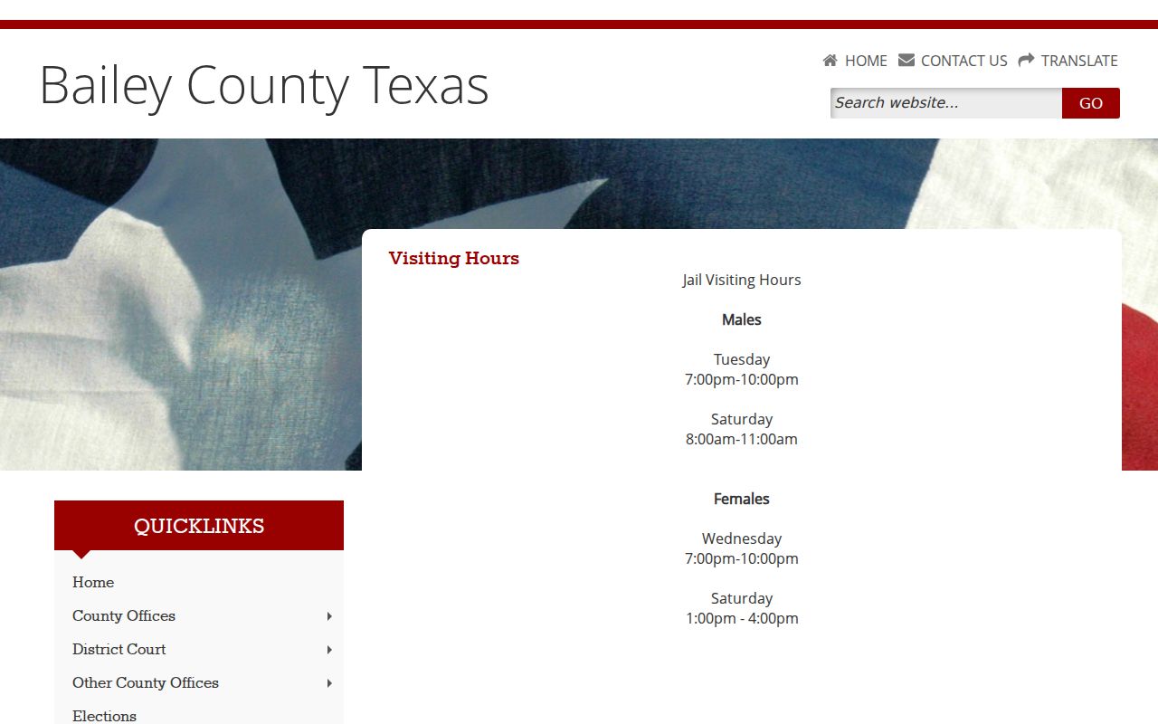 Bailey County Jail visiting schedule page used alongside arrest custody inquiries