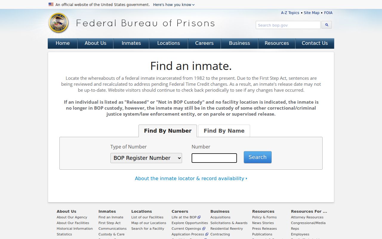 Federal Bureau of Prisons inmate locator for federal sentenced custody