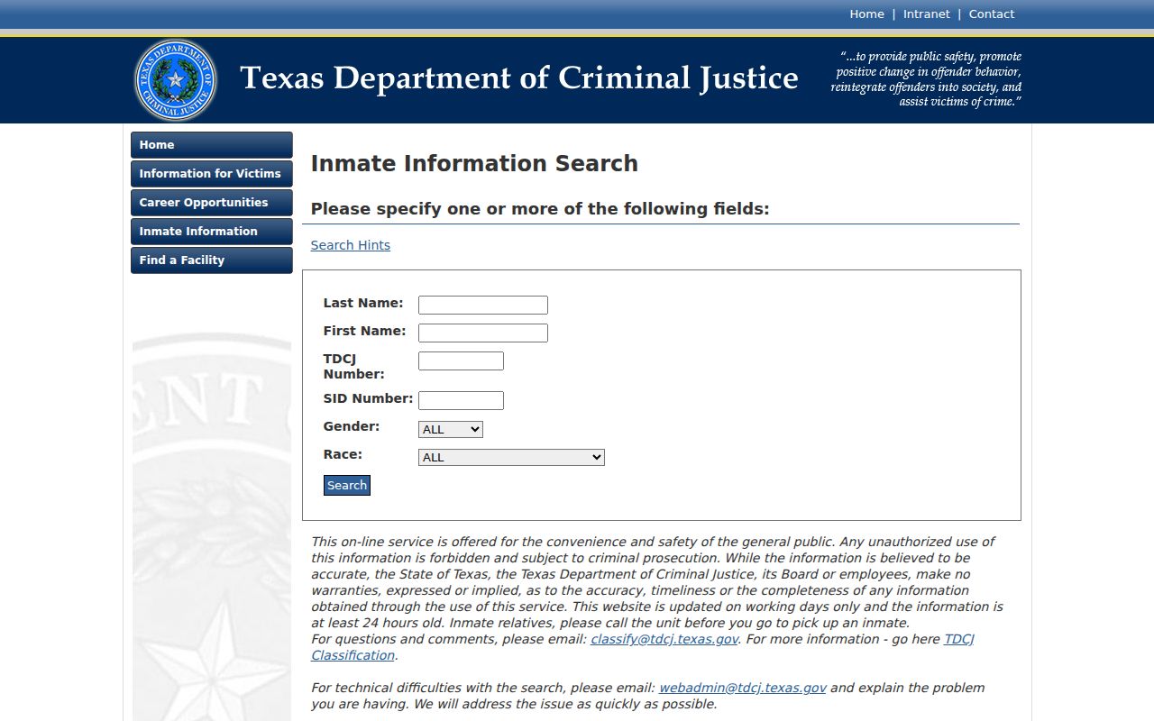 Texas Department of Criminal Justice sentenced prisoner search interface