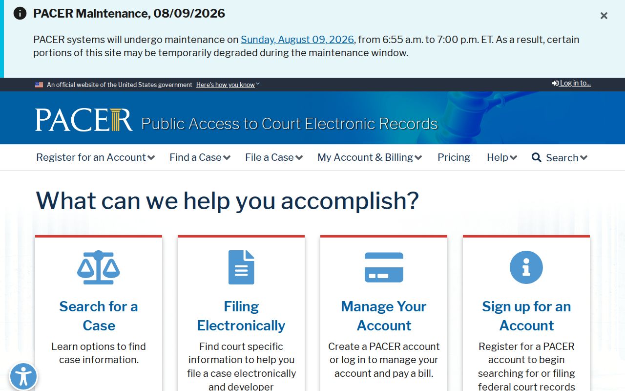 PACER federal court account and case search portal