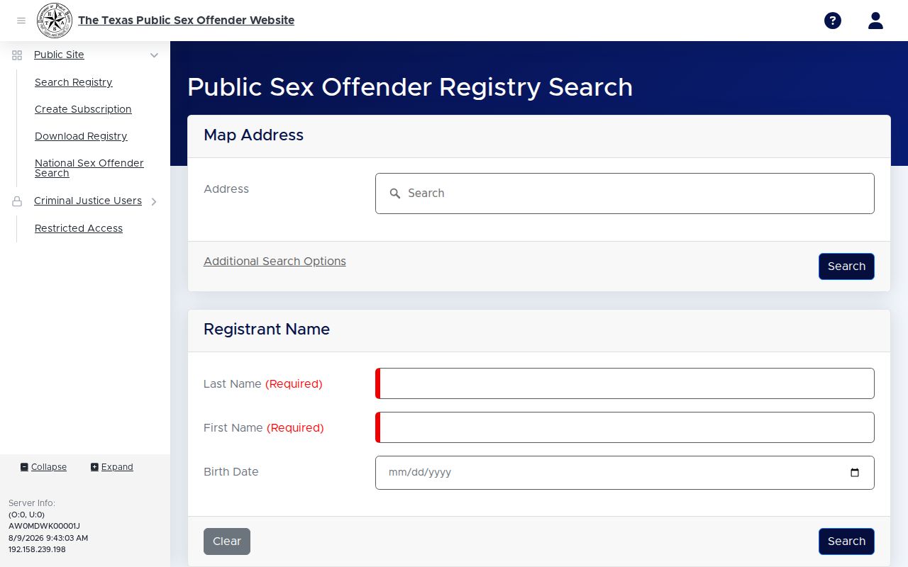 Bailey County sex offender registry results search interface