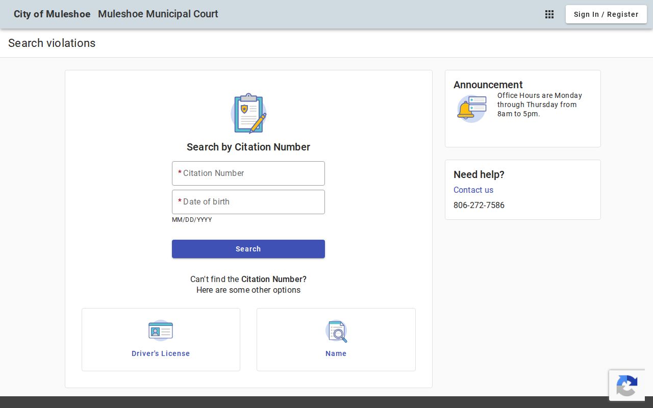 Muleshoe Municipal Court citation search with five lookup paths